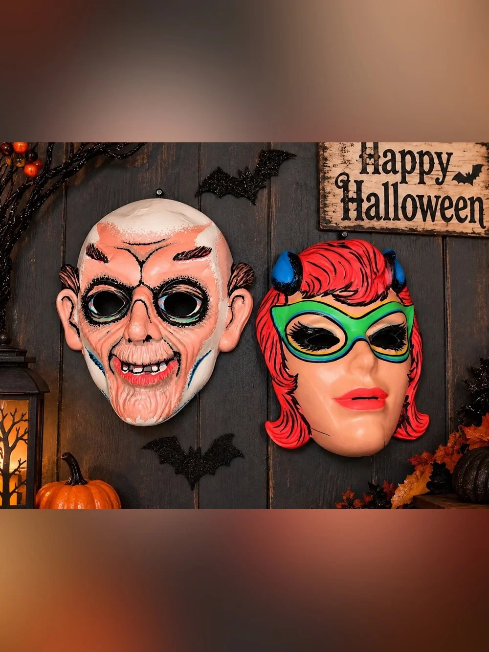 Vintage Halloween Plastic Masks Pair Old Man & Red Hair Devil Woman Retro Decor